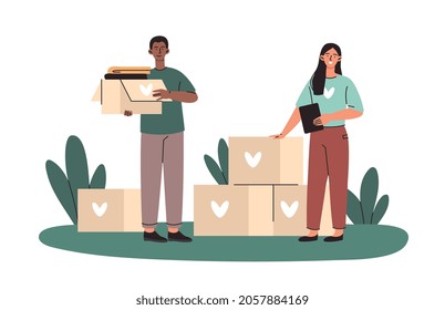 Humanitarian aid concept. Volunteers collect donations, clothes, food and hygiene products for people in need. People engaged in charity. Cartoon flat vector illustration isolated on white background