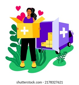 Humanitarian aid delivery - modern colorful flat design style illustration on white background. A scene with girl volunteer holding a box with essentials. Big drug truck brought hope and medicines