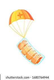 Humanitarian aid during coronavirus
pandemic. Toilet paper package airdropping by yellow parachute. Urgent relief supplies and deficit crisis concept. Ironically flat vector illustration.
Isolated.