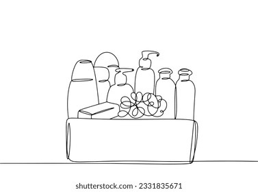 Humanitarian aid in the form of a hygiene kit. Box with hygiene products. World Humanitarian Day. One line drawing for different uses. Vector illustration.