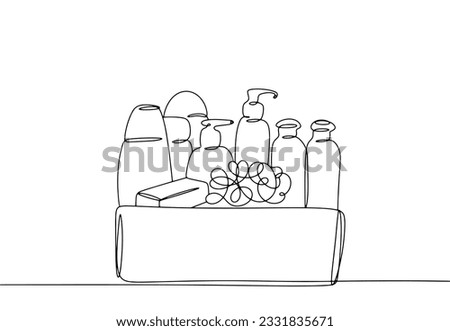 Humanitarian aid in the form of a hygiene kit. Box with hygiene products. World Humanitarian Day. One line drawing for different uses. Vector illustration.