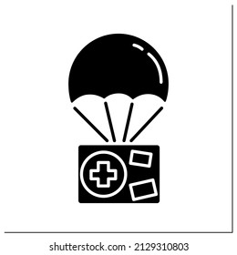 Icono de glifo de ayuda humanitaria.Ayuda del gobierno.Distribución de necesidades básicas. Exportación de medios de protección social, medicamentos para el personal médico.Señal plana rellena. Ilustración vectorial de silueta aislada