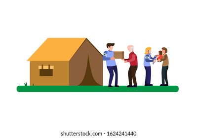 Humanitarian Aid Help People From Disaster, Volunteer Giving Food And Medical Assistance In Cartoon Flat Illustration Vector