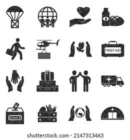 Symbole für humanitäre Hilfe. Black Scribble Design. Vektorgrafik.