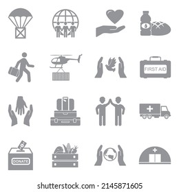 Iconos de ayuda humanitaria. Diseño plano gris. Ilustración vectorial.