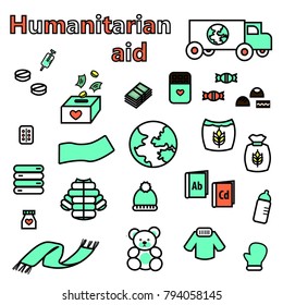 Humanitarian aid icons set. Medicine, toys, food, sweets, books, warm clothes icons. Lorry carrying humanitarian aid