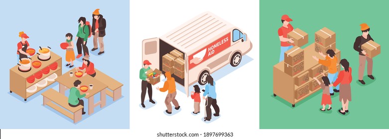 Humanitarian aid isometric design concept set of three square compositions with volunteers helping homeless people vector illustration svg