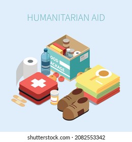 Humanitarian aid isometric poster with kid of basic necessities items so as food water clothes and medicines vector illustration