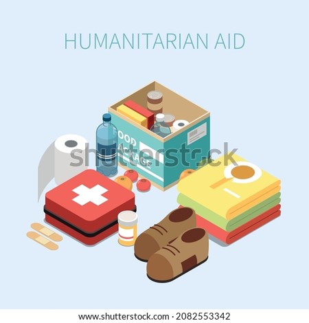 Humanitarian aid isometric poster with kid of basic necessities items so as food water clothes and medicines vector illustration [[stock_photo]] © 