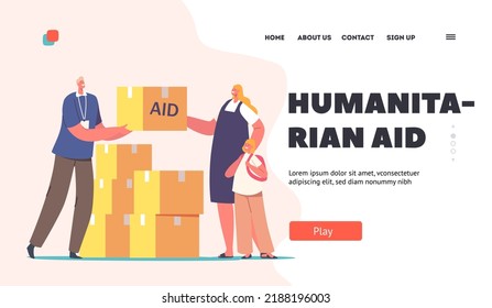 Landing Page Template für humanitäre Hilfe. Freiwilliger Charakter, der Flüchtlingsfrauen mit Little Boy Hilfesätze gibt. Staatliches Material Hilfe für Menschen in Not, Spende. Cartoon-Vektorgrafik