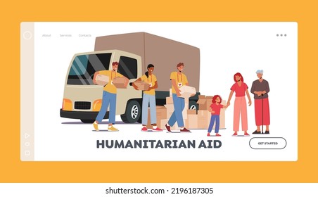 Humanitarian Aid Landing Page Template. Team of Volunteers in Van Giving Help Boxes to Refugees, Old Woman with Little Girl Need Material Assistance and Help. Cartoon People Vector Illustration