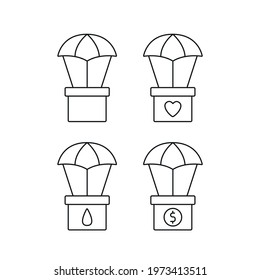 Humanitarian Aid linear icons set. Box with parachute. Thin line customizable illustration. Contour symbol. Vector isolated outline drawing. Editable stroke
