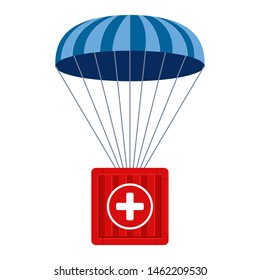 Humanitarian Aid. Medical Cargo Goes Down To Hard-to-reach Places With A Parachute. Flat Illustration