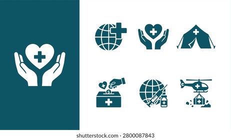 Humanitarian Aid and Medical Relief Vector Icons Set. Symbos vector EPS AI.