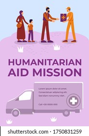 Humanitarian aid mission poster flat vector template. War refugees help. Volunteer services. Brochure, booklet one page concept design with cartoon characters. Food donation flyer, leaflet