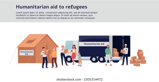 Humanitäre Hilfe für die Flüchtlinge - Zelt für Spendenlager und LKW mit Pappschachtel, Freiwillige für Cartoons, die armen Menschen helfen. Einzige flache Vektorgrafik.