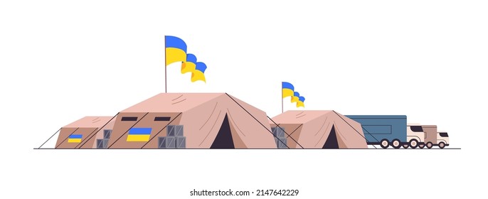 Humanitarian aid to refugees charity donation trucks and camp tents with Ukrainian flags save Ukraine from russia stop war