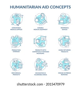 Iconos del concepto de revisión de la ayuda humanitaria. Respuesta a brotes de enfermedades y suministros médicos consumibles ilustraciones de color de línea delgada. Dibujos de contorno aislados por vectores. Trazo editable