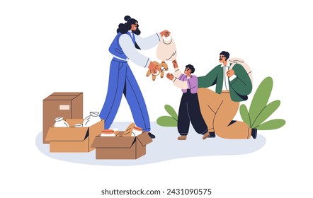 Ayuda humanitaria, ayuda social, concepto de caridad. Familia pobre de refugiados recibiendo donaciones, asistencia. Voluntario donando comida, juguetes de cajas. Ilustración vectorial plana aislada sobre fondo blanco