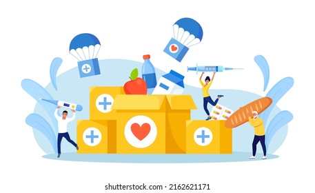 Humanitarian Aid. Social Worker Collecting Food, Medical Supplies To Needy People. Volunteering, Donation, Humanitarian Relief. Volunteers Pack Help Boxes For Refugees. Government Assistance To Poor