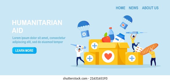 Humanitarian aid. Social worker collecting food, medical supplies to needy people. Volunteering, donation, humanitarian relief. Volunteers pack help boxes for refugees. Government assistance to poor