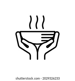 Icono de delgada línea de ayuda humanitaria, manos dando sopa caliente. Ilustración vectorial moderna de la caridad.