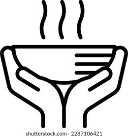 Humanitarian aid thin line icon, hands giving hot soup. Modern vector illustration of charity.