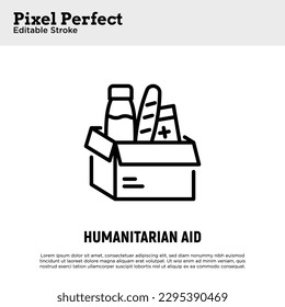Humanitarian aid thin line icon, food drive, food box. Editable stroke. Modern vector illustration of charity.