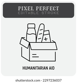 Icono de línea delgada de ayuda humanitaria, impulso de comida, caja de alimentos. Trazo editable. Ilustración vectorial moderna de la caridad.
