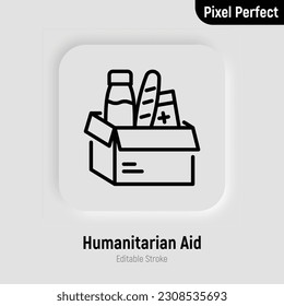Icono de línea delgada de ayuda humanitaria, impulso de comida, caja de alimentos. Trazo editable. Ilustración vectorial moderna de la caridad.