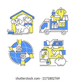 Humanitarian aid for Ukraine. Set of vector, color, linear icons. Charitable Foundation. Donations of food and clothing. Animal protection.