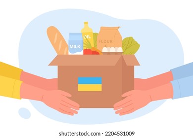 Humanitarian aid for Ukrainian people vector illustration. Cartoon hands of volunteers hold box with grocery products and Ukrainian flag to help and support citizens of Ukraine. Charity concept