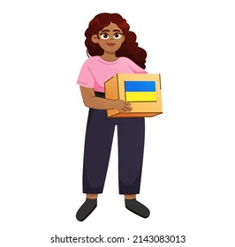 Humanitarian aid for Ukrainian refugees. african american  woman voluntary organization  giving cardboard boxes with donations. I stand with Ukraine. support for Ukraine
