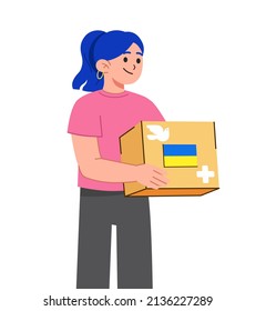 Humanitarian aid for Ukrainian refugees. Voluntary organization  giving cardboard boxes with donations