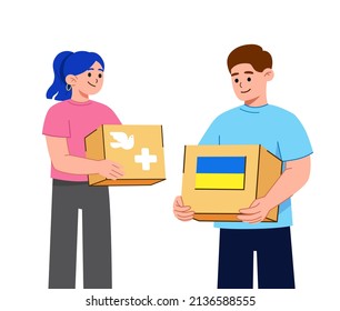 Humanitarian aid for Ukrainian refugees. Voluntary organization  giving cardboard boxes with donations 