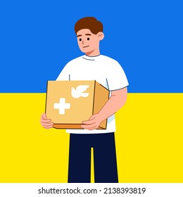 Humanitarian aid for Ukrainian refugees. Voluntary organization  giving cardboard boxes with donations to
flat characters on white background. 
