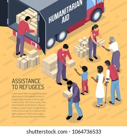 Humanitarian aid van and volunteers helping refugees 3d isometric vector illustration
