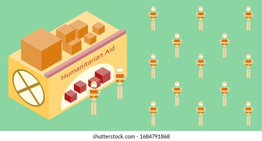 Humanitarian Aid vector poster. People stand in line with distance near point of issue of tent humanitarian aid. Flat banner in the epidemic of coronavirus. Design for volunteer flyers, infographics.