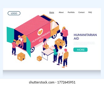 Humanitarian aid vector website template, landing page design for website and mobile site development. Volunteers unloading humanitarian aid truck and giving cardboard boxes to people waiting in line.