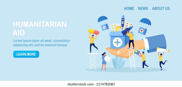 Humanitarian Aid. Voluntary Social Assistance and Support. Volunteers Collecting Food, Medicine for Refugees. People Donating Medications First Aid. Charity, Medicines Donation for Needy Poor People. svg