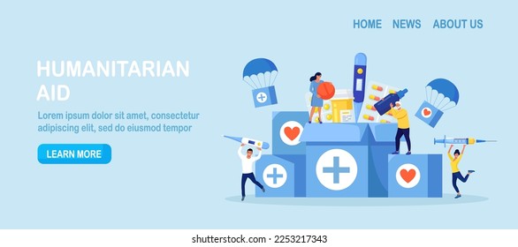 Humanitarian Aid. Voluntary Social Assistance and Support. Volunteers Collecting Food, Medicine for Refugees. People Donating Medications First Aid. Charity, Medicines Donation for Needy Poor People.