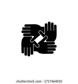 Humanitarian assistance black silhouette vector illustration isolated on white background. Hands together in round shape. Voluntary, charity, donation icon.