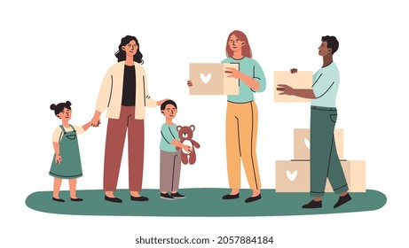 Humanitarian assistance to poor people. Volunteers brought boxes of food, toy and hygiene product to family in need. Charity and donation. Cartoon flat vector illustration isolated on white background