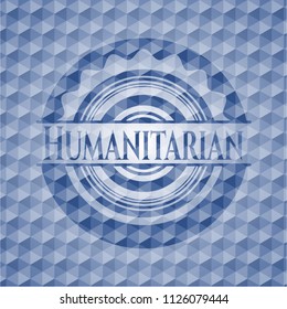 Humanitarian blue emblem or badge with geometric pattern background.