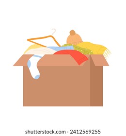 Humanitarian clothes box help. Charity donation, humanitarian support aid cartoon vector illustration