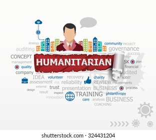 Humanitarian concept word cloud and business man. Humanitarian design illustration concepts for business, consulting, finance, management, career.