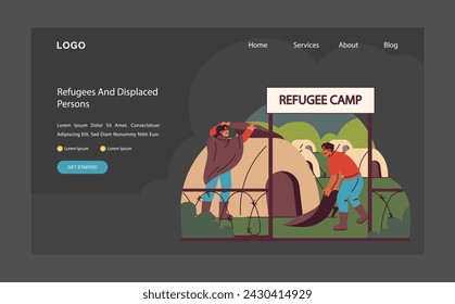 Humanitarian crisis scene. Individuals in a refugee camp seek shelter and safety. The harsh reality of displacement and the search for refuge. Flat vector illustration.