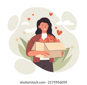 Humanitarian day concept. Happy woman with box of hearts. Metaphor of donations and charity. Help, love and support. Greeting postcard, international holidays. Cartoon flat vector illustration