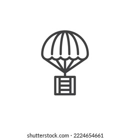 Icono de línea de entrega humanitaria. signo de estilo lineal para concepto móvil y diseño web. Paracaídas con el icono vector de contorno del cuadro de paquete. Símbolo, ilustración del logotipo. Gráficos vectoriales