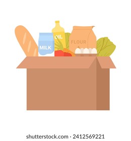 Humanitarian food box help. Grocery donation, humanitarian aid support cartoon vector illustration